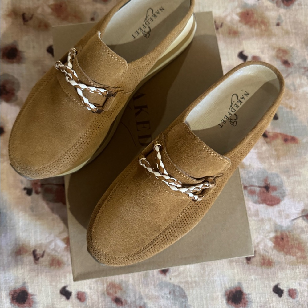 Naked Feet Camel Suede Loafers with Braided Accent